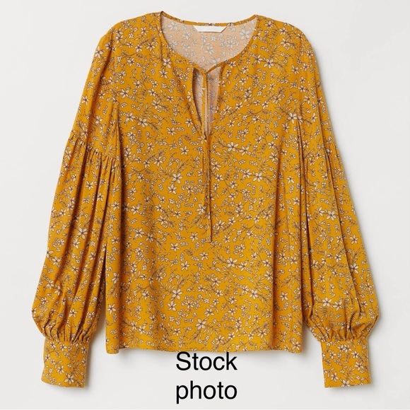 H&M Floral Mustard Yellow Blouse with Long Balloon Sleeves and Relaxed Fit Sz 4 - Picture 1 of 15